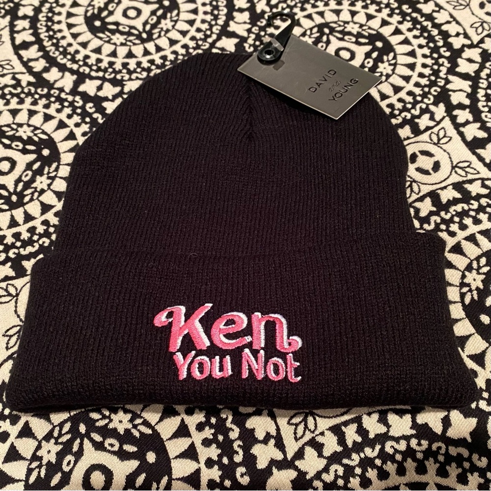 NWT David and Young Barbie Stocking Hat “Ken You Not” in Black w/ Pink Lettering